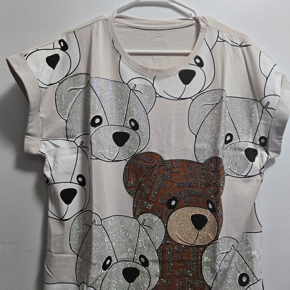 Tops - Girls Beige Teddy Print Sequin Top